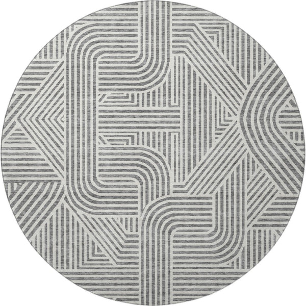 HomeRoots 8' Gray and Ivory Abstract Geometric Round Rug - Washable, UV Protected, Perfect for High-Traffic Areas 672914