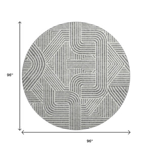 HomeRoots 8' Gray and Ivory Abstract Geometric Round Rug - Washable, UV Protected, Perfect for High-Traffic Areas 672914