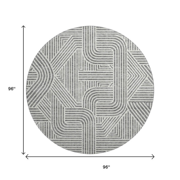 HomeRoots 8' Gray and Ivory Abstract Geometric Round Rug - Washable, UV Protected, Perfect for High-Traffic Areas 672914