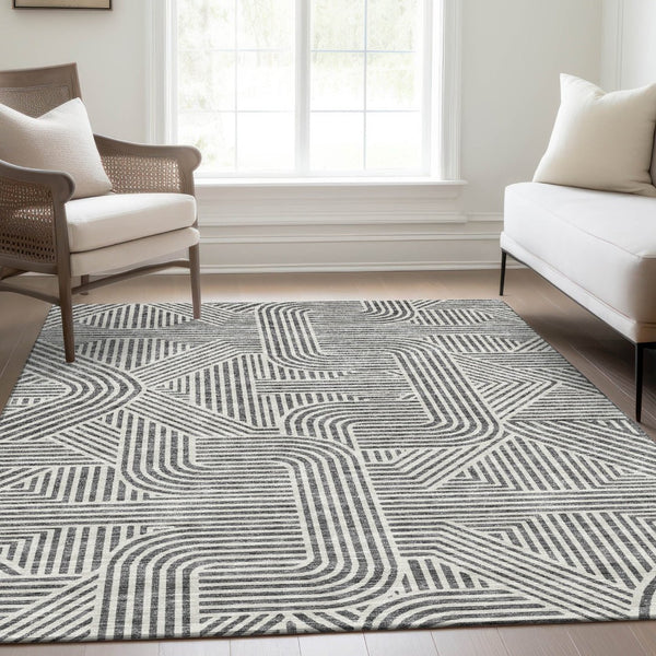 HomeRoots 10' Gray and Ivory Abstract Geometric Washable Area Rug - Durable, UV-Protected for Modern Spaces 672917