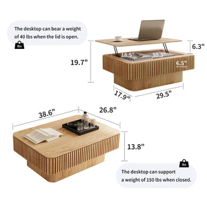 English Elm 38.6'' Fluted Lift-top Coffee Table with Hidden Storage Adjustable Modern Matte Surface Natural Wood W1435P293218