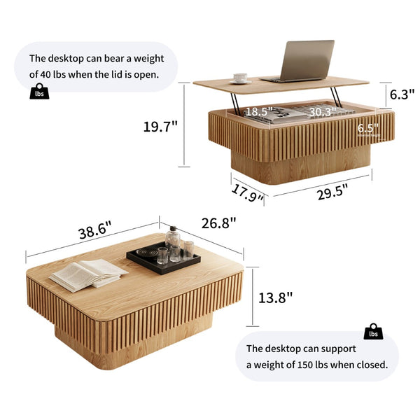 English Elm 38.6'' Fluted Lift-top Coffee Table with Hidden Storage Adjustable Modern Matte Surface Natural Wood W1435P293218