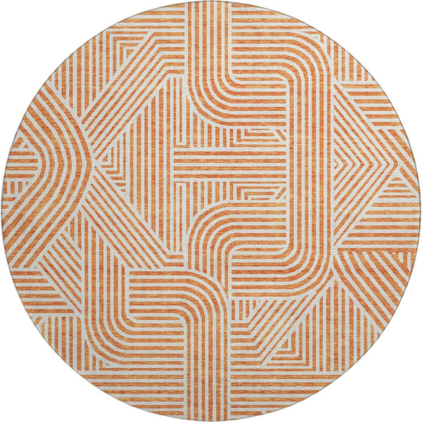 HomeRoots 8' Vibrant Orange and Ivory Geometric Round Washable Rug - Durable, UV-Protected for Any Space! 672926