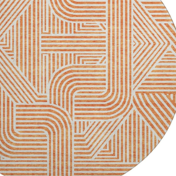 HomeRoots 8' Vibrant Orange and Ivory Geometric Round Washable Rug - Durable, UV-Protected for Any Space! 672926