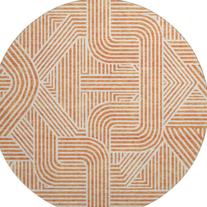 HomeRoots 8' Vibrant Orange and Ivory Geometric Round Washable Rug - Durable, UV-Protected for Any Space! 672926