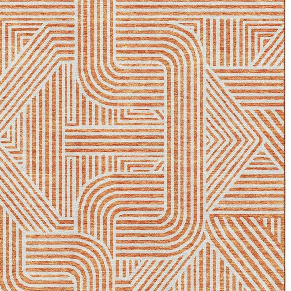 HomeRoots 10' X 14' Washable Orange and Ivory Geometric Area Rug with UV Protection for Modern Spaces 672929