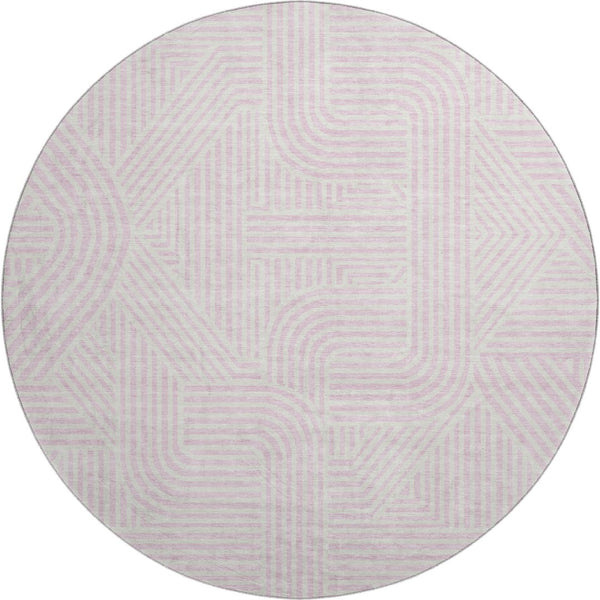 HomeRoots 8' Pink and Ivory Abstract Geometric Round Rug - Washable, UV Protected, Durable & Stylish Design 672932