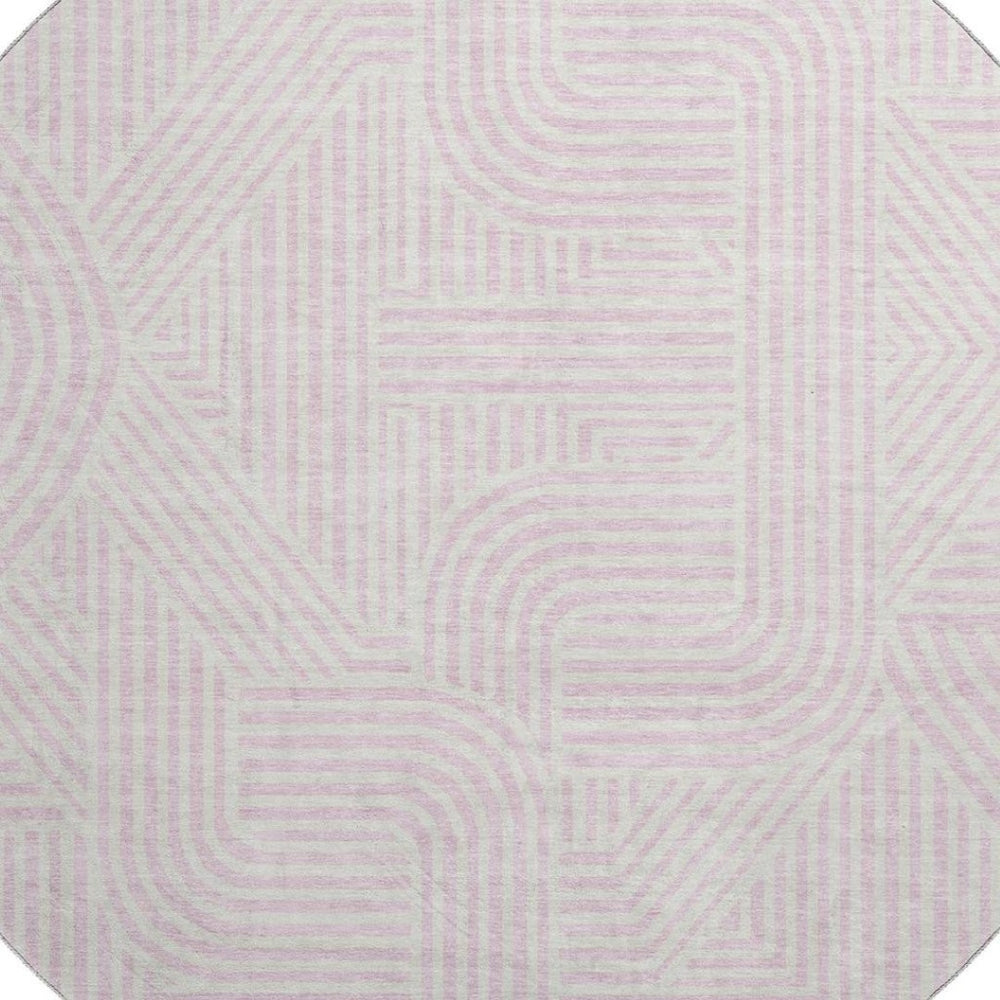 HomeRoots 8' Pink and Ivory Abstract Geometric Round Rug - Washable, UV Protected, Durable & Stylish Design 672932