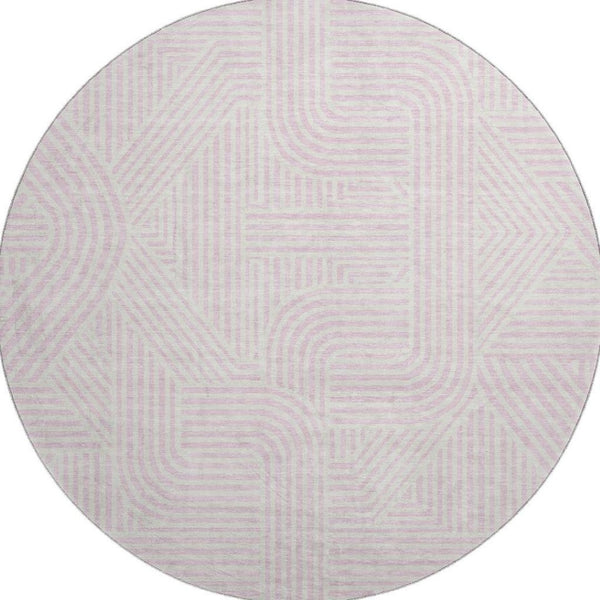 HomeRoots 8' Pink and Ivory Abstract Geometric Round Rug - Washable, UV Protected, Durable & Stylish Design 672932