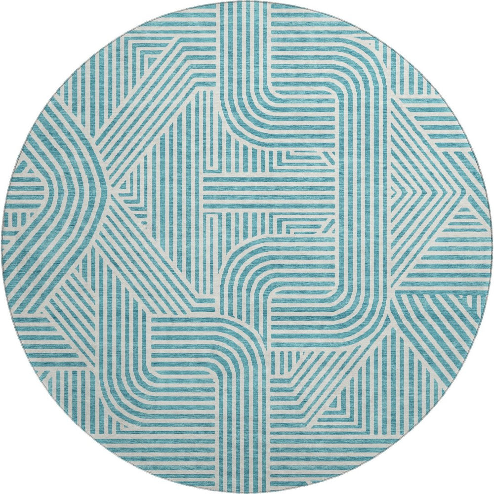 HomeRoots 8' Teal and Ivory Abstract Geometric Round Rug - Durable, Washable, UV-Protected for High-Traffic Areas 672938