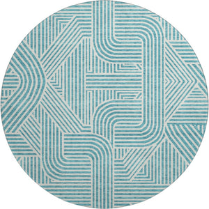 HomeRoots 8' Teal and Ivory Abstract Geometric Round Rug - Durable, Washable, UV-Protected for High-Traffic Areas 672938