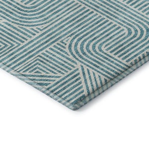 HomeRoots 8' Teal and Ivory Abstract Geometric Round Rug - Durable, Washable, UV-Protected for High-Traffic Areas 672938