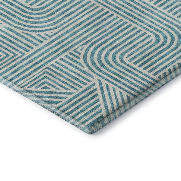 HomeRoots 8' Teal and Ivory Abstract Geometric Round Rug - Durable, Washable, UV-Protected for High-Traffic Areas 672938