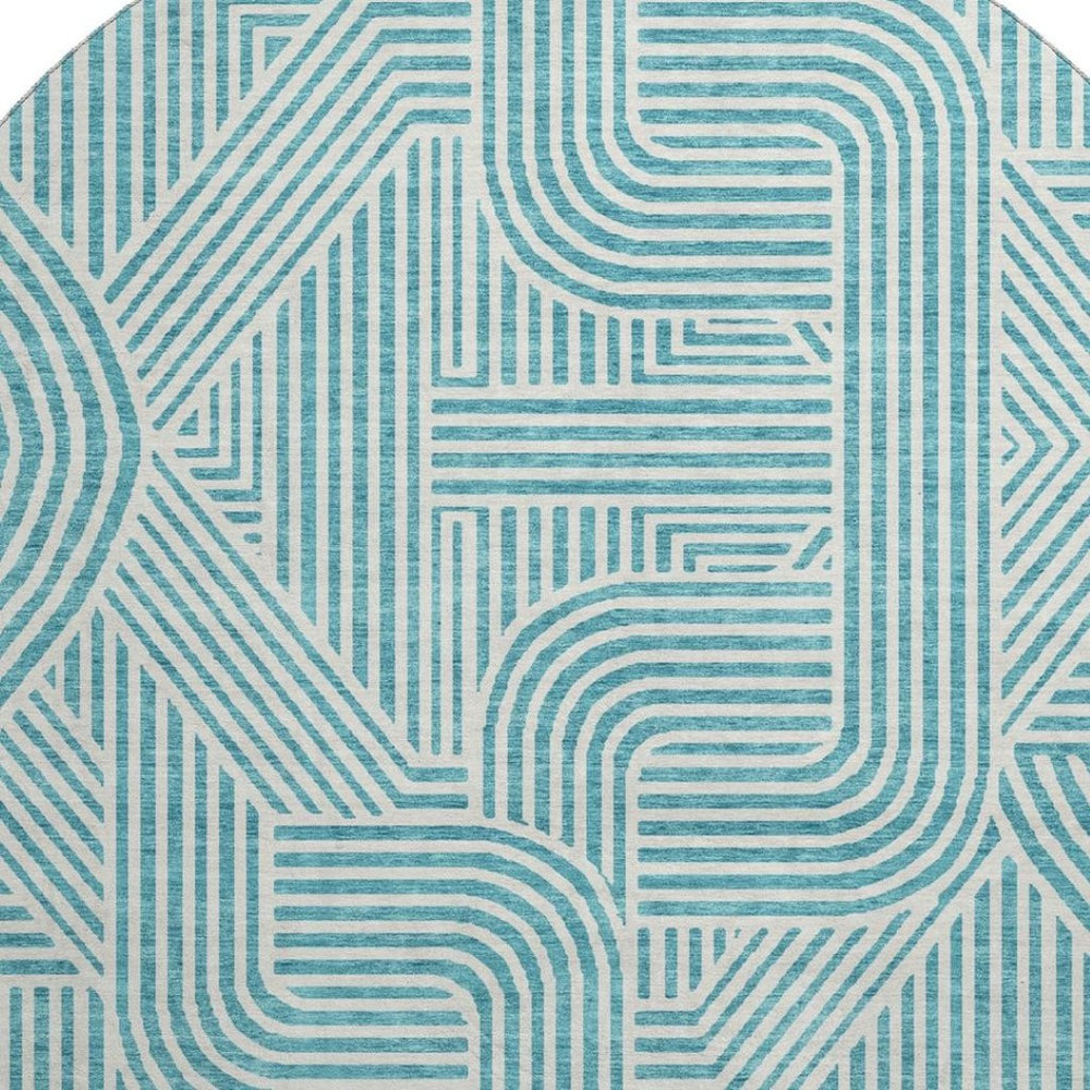 HomeRoots 8' Teal and Ivory Abstract Geometric Round Rug - Durable, Washable, UV-Protected for High-Traffic Areas 672938