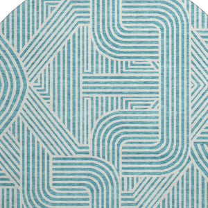 HomeRoots 8' Teal and Ivory Abstract Geometric Round Rug - Durable, Washable, UV-Protected for High-Traffic Areas 672938