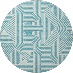 HomeRoots 8' Teal and Ivory Abstract Geometric Round Rug - Durable, Washable, UV-Protected for High-Traffic Areas 672938