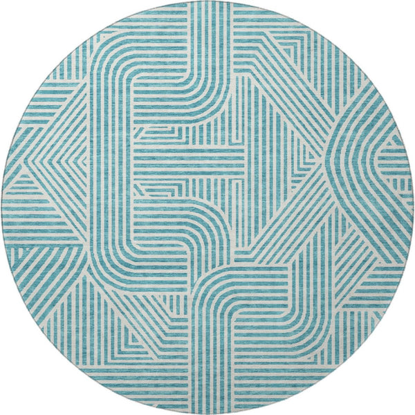 HomeRoots 8' Teal and Ivory Abstract Geometric Round Rug - Durable, Washable, UV-Protected for High-Traffic Areas 672938