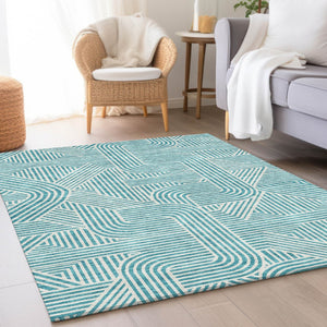 HomeRoots 10' X 14' Teal And Ivory Abstract Geometric Area Rug - Durable, Washable, UV-Protected for Busy Homes 672941