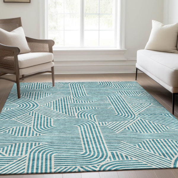 HomeRoots 10' X 14' Teal And Ivory Abstract Geometric Area Rug - Durable, Washable, UV-Protected for Busy Homes 672941