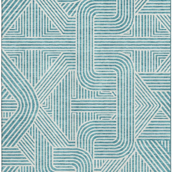 HomeRoots 10' X 14' Teal And Ivory Abstract Geometric Area Rug - Durable, Washable, UV-Protected for Busy Homes 672941