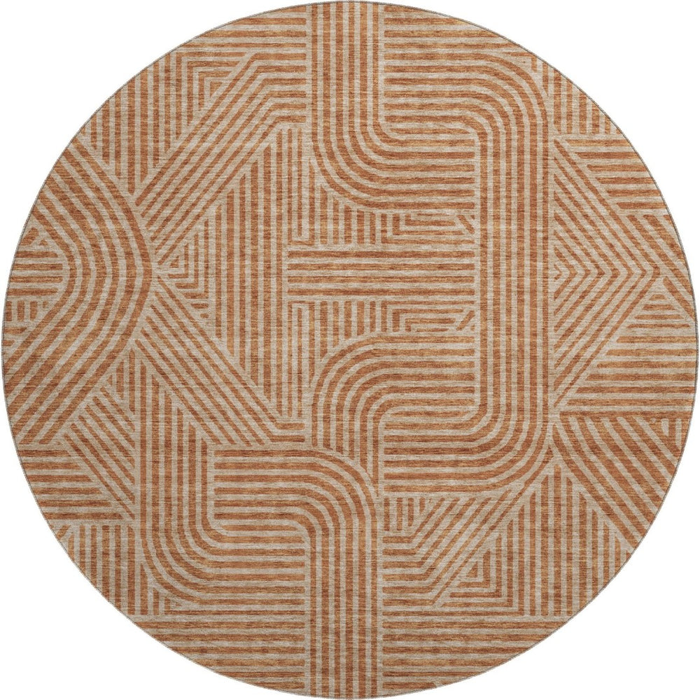 HomeRoots 8' Terra Cotta & Beige Abstract Geometric Round Rug - Washable, Durable, UV Protected for Any Space 672944