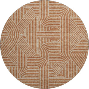 HomeRoots 8' Terra Cotta & Beige Abstract Geometric Round Rug - Washable, Durable, UV Protected for Any Space 672944
