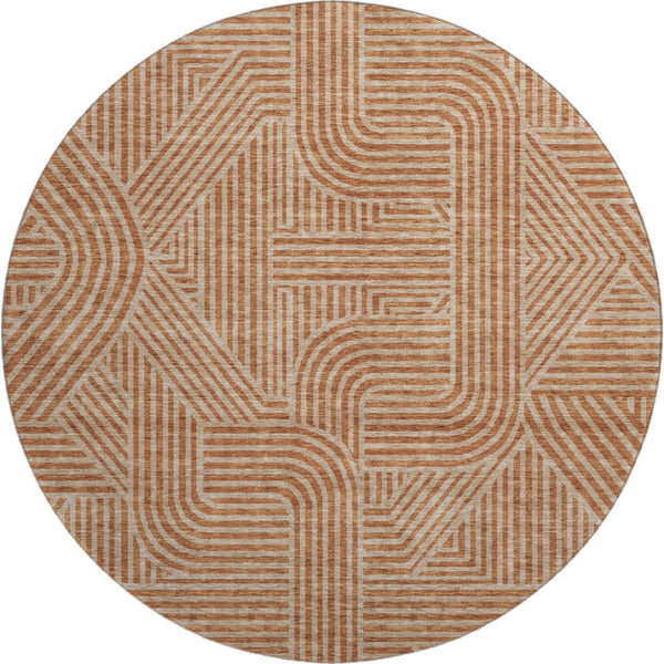 HomeRoots 8' Terra Cotta & Beige Abstract Geometric Round Rug - Washable, Durable, UV Protected for Any Space 672944