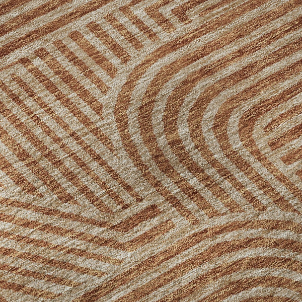 HomeRoots 8' Terra Cotta & Beige Abstract Geometric Round Rug - Washable, Durable, UV Protected for Any Space 672944
