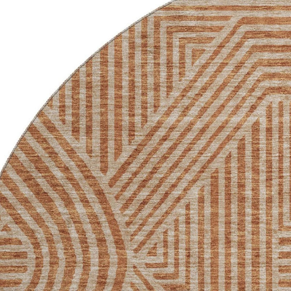 HomeRoots 8' Terra Cotta & Beige Abstract Geometric Round Rug - Washable, Durable, UV Protected for Any Space 672944