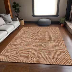 HomeRoots 10' X 14' Terra Cotta & Beige Abstract Geometric Washable Area Rug with UV Protection for Homes 672947