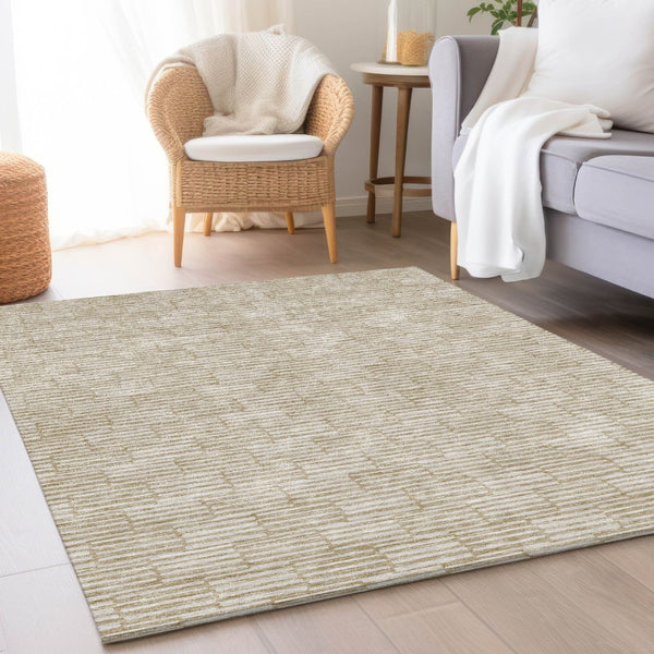 HomeRoots 9' X 12' Abstract Beige and Ivory Geometric Area Rug - Washable, UV-Protected, Perfect for High-Traffic Spaces 672952