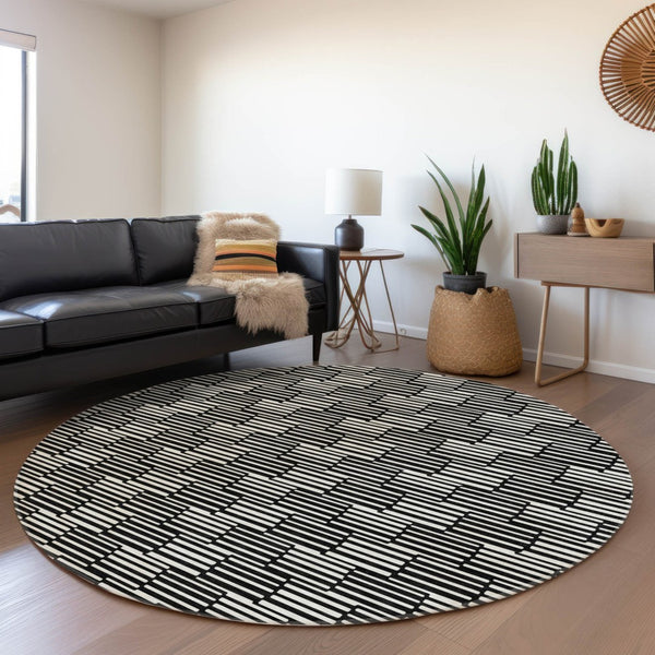 HomeRoots 8' Black and Gray Abstract Geometric Rug - Washable, UV Protected, Stain Resistant for Modern Spaces 672956