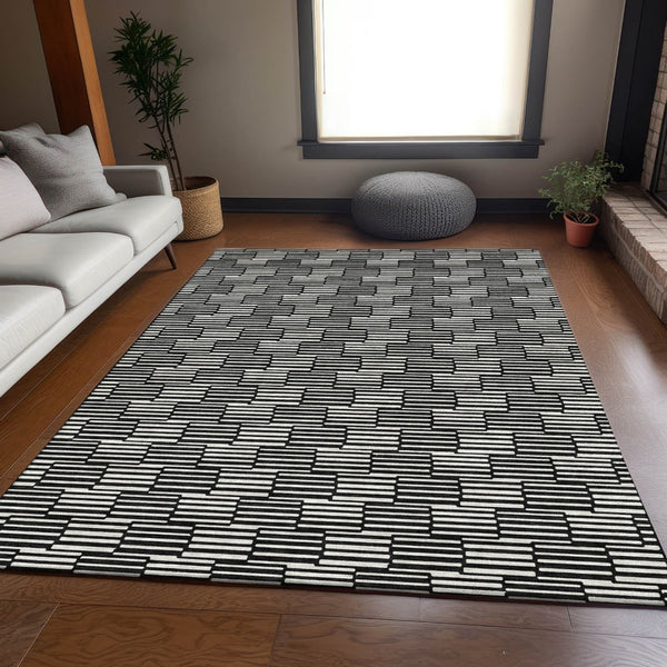 HomeRoots 10' X 14' Abstract Geometric Area Rug - Black & Gray, Washable, UV Protected for Modern Spaces 672959