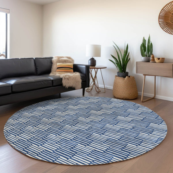 HomeRoots 8' Navy Blue & Silver Abstract Geometric Round Rug – Washable, Stain Resistant, UV Protected Design 672998