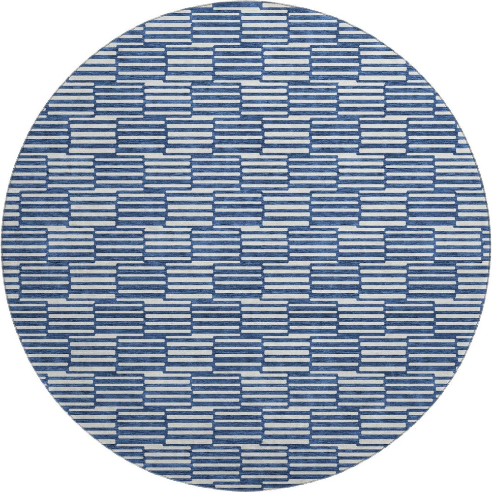 HomeRoots 8' Navy Blue & Silver Abstract Geometric Round Rug – Washable, Stain Resistant, UV Protected Design 672998