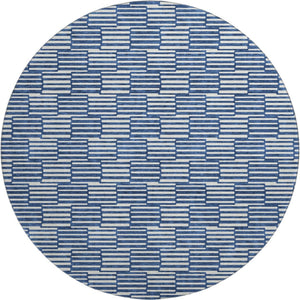 HomeRoots 8' Navy Blue & Silver Abstract Geometric Round Rug – Washable, Stain Resistant, UV Protected Design 672998