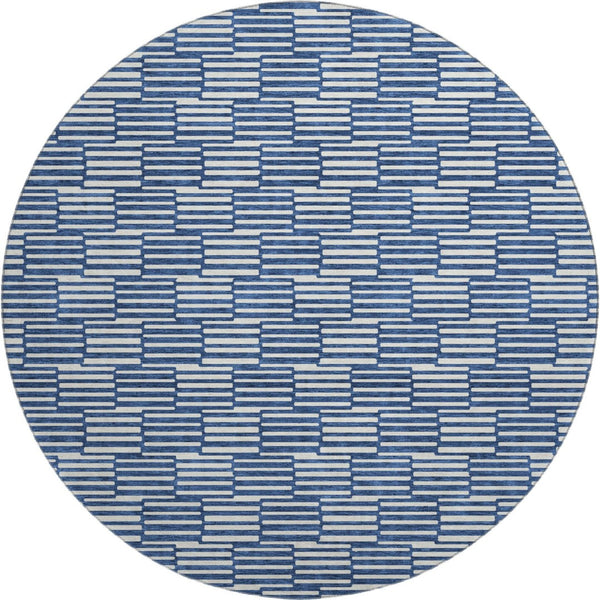 HomeRoots 8' Navy Blue & Silver Abstract Geometric Round Rug – Washable, Stain Resistant, UV Protected Design 672998