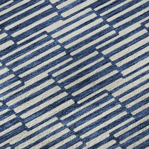 HomeRoots 8' Navy Blue & Silver Abstract Geometric Round Rug – Washable, Stain Resistant, UV Protected Design 672998