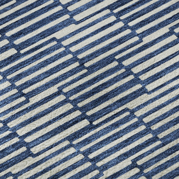 HomeRoots 8' Navy Blue & Silver Abstract Geometric Round Rug – Washable, Stain Resistant, UV Protected Design 672998