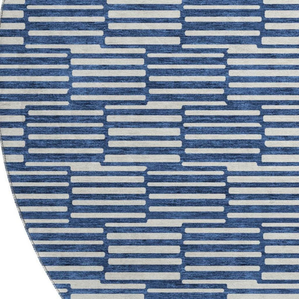 HomeRoots 8' Navy Blue & Silver Abstract Geometric Round Rug – Washable, Stain Resistant, UV Protected Design 672998