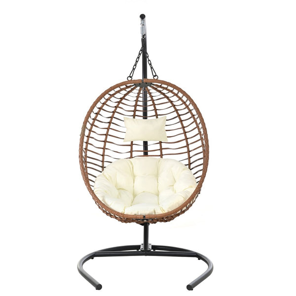 English Elm U_style Wicker Hanging Egg Chair with Stand Foldable Indoor Outdoor Swing Seat Brown+Beige N711P389503K