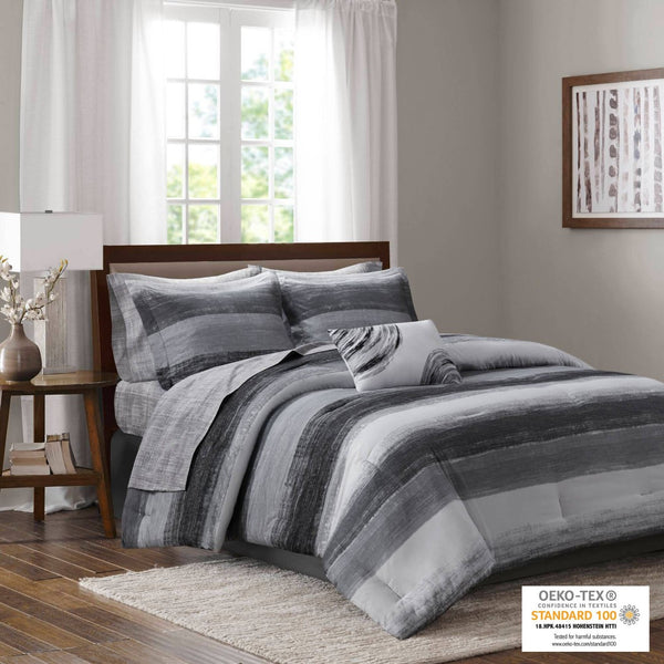 English Elm 9-piece Full Bedding Set Watercolor Stripe Comforter Cotton Blend Sheets Grey Black Multi B035P408250