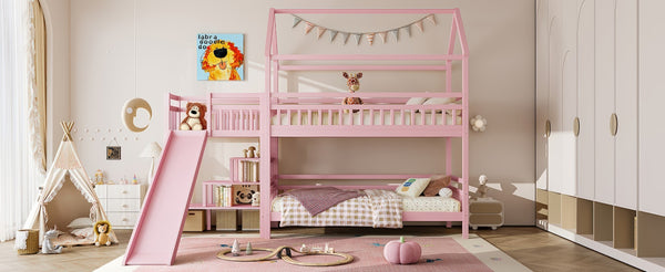 English Elm Full Bunk Bed with Trundle Bookshelf Storage Pine Frame Car Design for Kids W1580S00302
