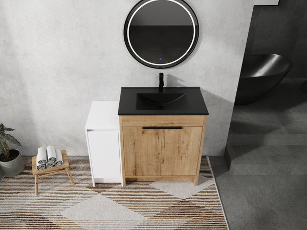 English Elm 42 Inch Freestanding Bathroom Vanity With Black Ceramic Sink, Soft-Close Doors, And Storage Solutions W999S00310
