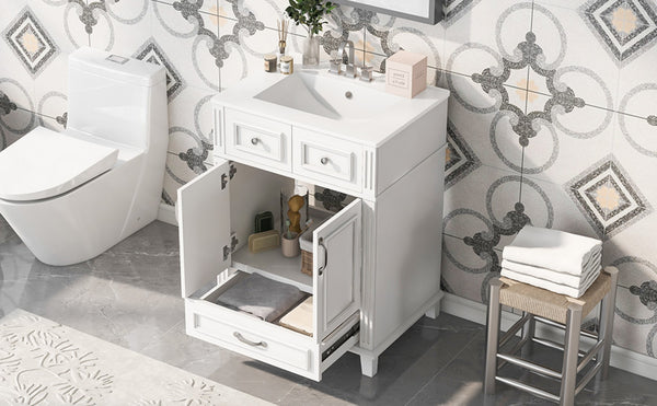 English Elm 24'' Retro Bathroom Vanity Solid Rubberwood Frame Ceramic Sink Soft Close Storage White N710P405405K