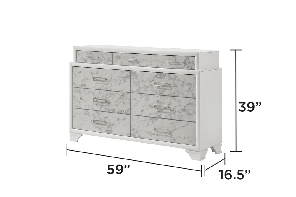 English Elm Soul Modern White Dresser with Marble-Pattern Fronts, 9 Drawers, Smooth Slides & Silver Handles G150108660