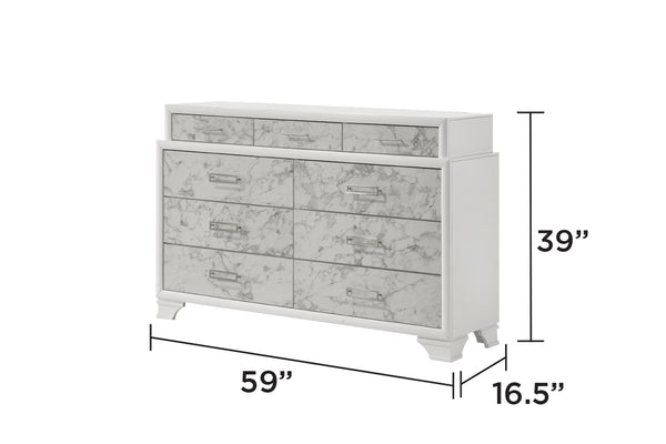 English Elm Soul Modern Full 5PC Bedroom Set in White with Marble Accents, LED Bed, USB-C, Bluetooth Sound System B009S01949
