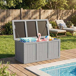 English Elm 67 Gallon Solid Wood Outdoor Deck Box with Seat and Tabletop for Patio Storage W2640P327221