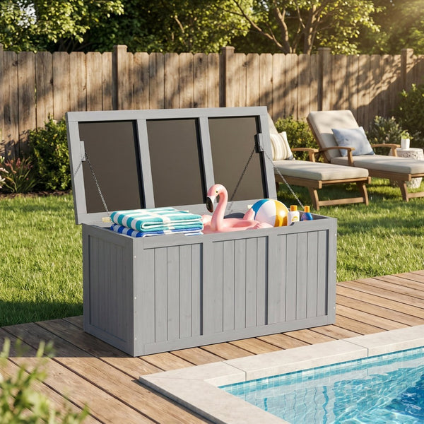 English Elm 67 Gallon Solid Wood Outdoor Deck Box with Seat and Tabletop for Patio Storage W2640P327221