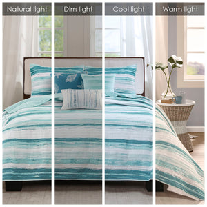 English Elm 6 Madison Park Marina Reversible Quilt Set Full/Queen with Coastal Watercolor Stripes and Embroidered Pillows Aqua 22.44 L x 17.72 W x 6.69 H B03597638